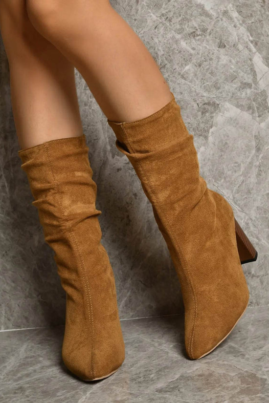 Bottes Longues en Suède à Talons Bloc Pointus