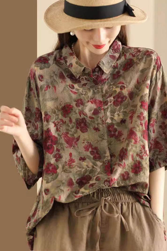 Retro Fried Color Printing Cotton Linen Shirt - Droxev