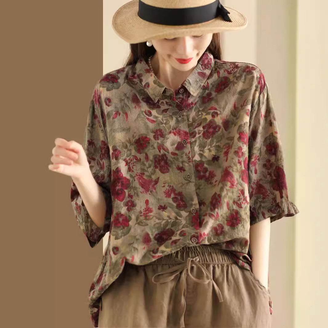 Retro Fried Color Printing Cotton Linen Shirt - Droxev
