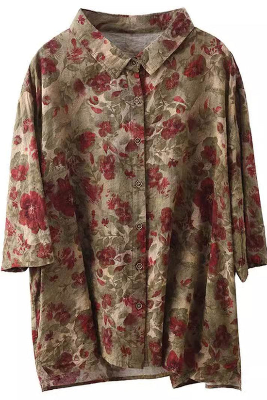 Retro Fried Color Printing Cotton Linen Shirt - Droxev