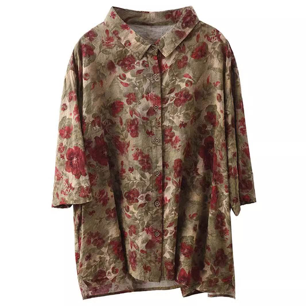 Retro Fried Color Printing Cotton Linen Shirt - Droxev