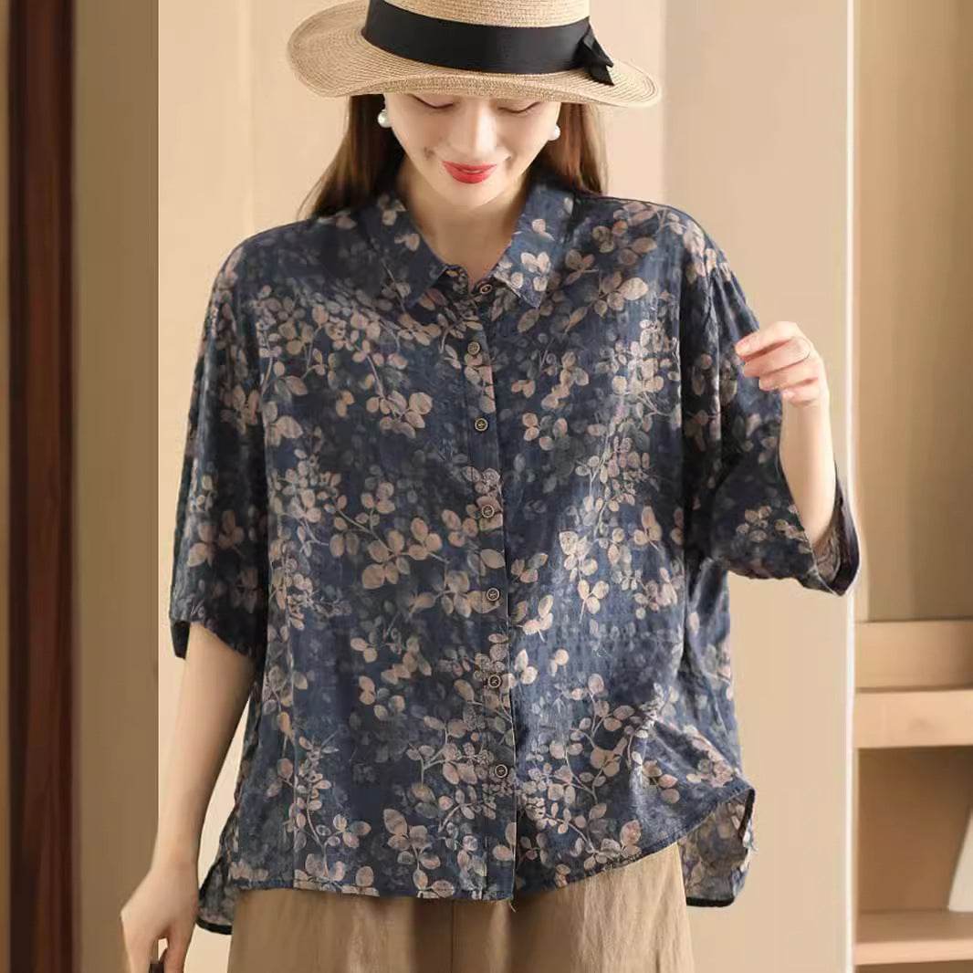 Retro Fried Color Printing Cotton Linen Shirt - Droxev