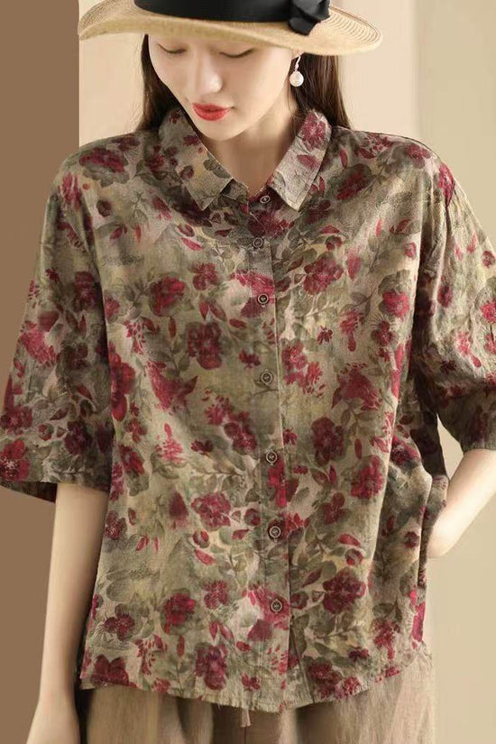 Retro Fried Color Printing Cotton Linen Shirt - Droxev