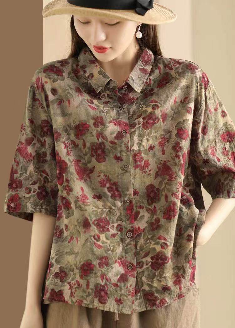 Retro Fried Color Printing Cotton Linen Shirt - Droxev