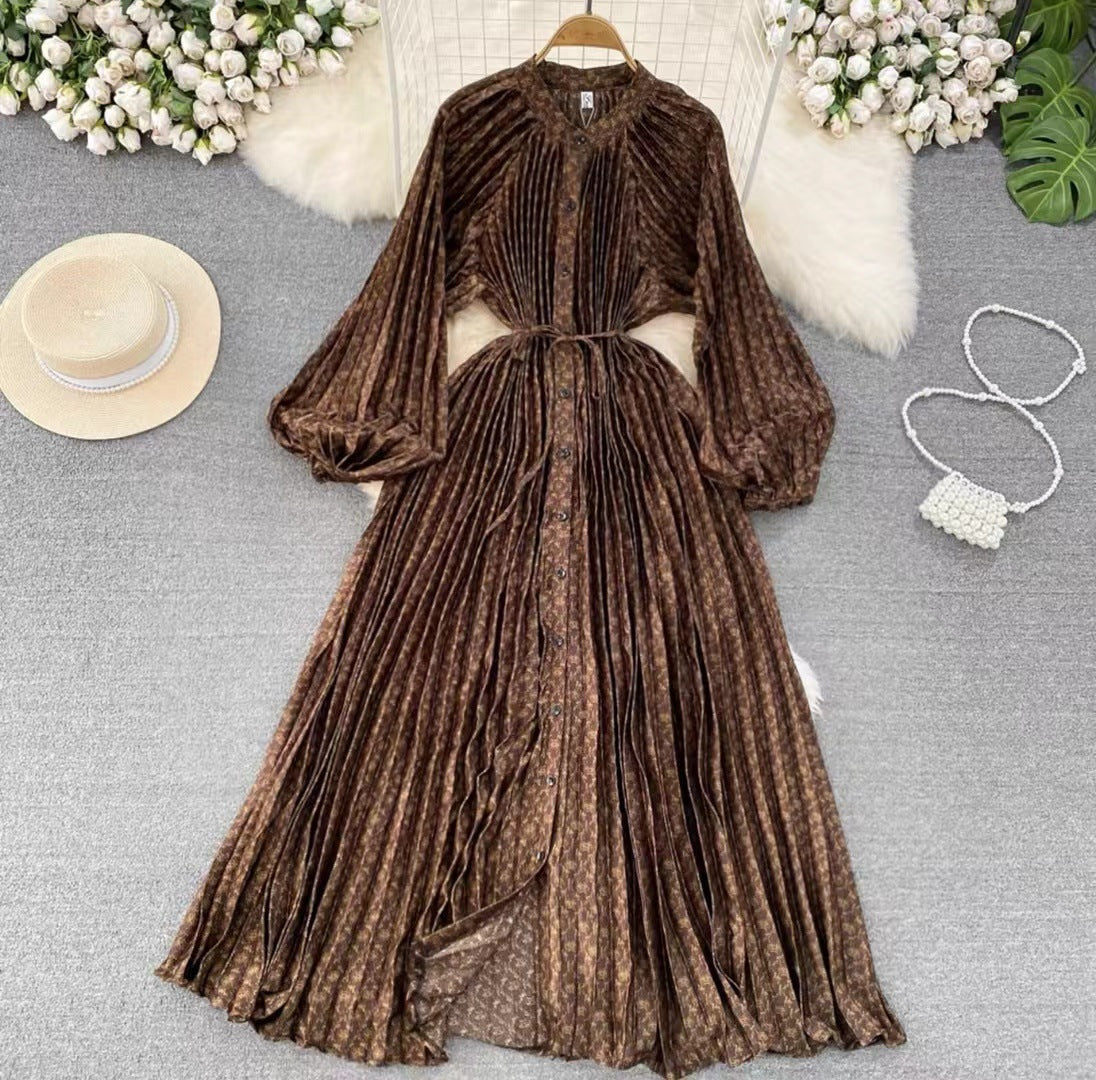Robe longue imprimée à simple boutonnage, légère et luxueuse, style lanterne