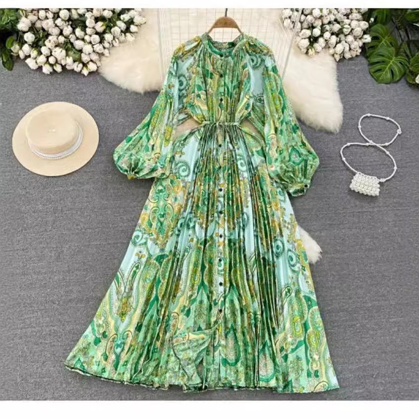 Robe longue imprimée à simple boutonnage, légère et luxueuse, style lanterne