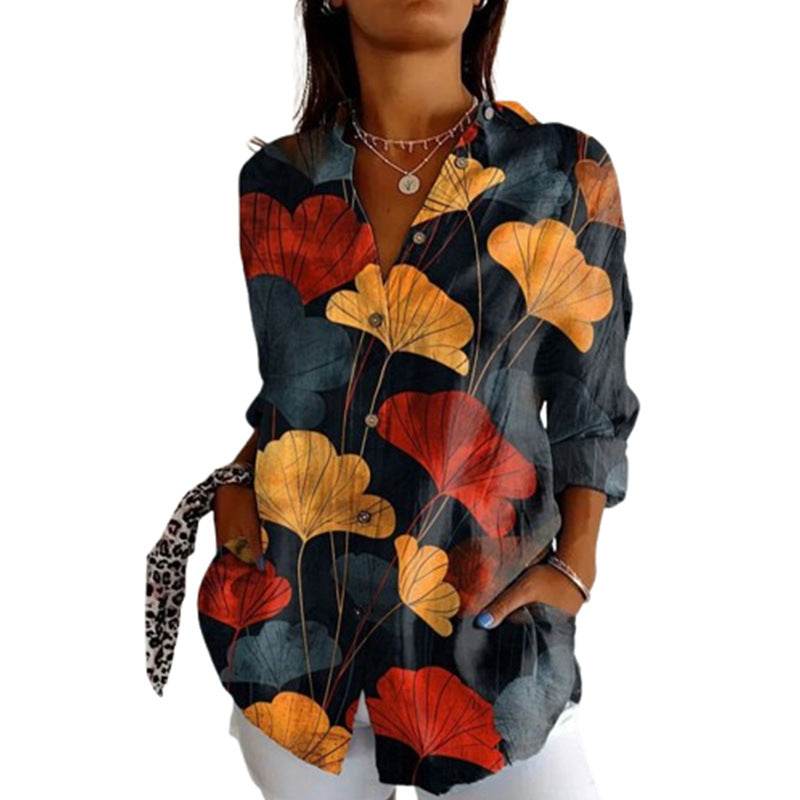Chemise ample rétro rouge à imprimé feuilles d'abricot pour femme - Droxev