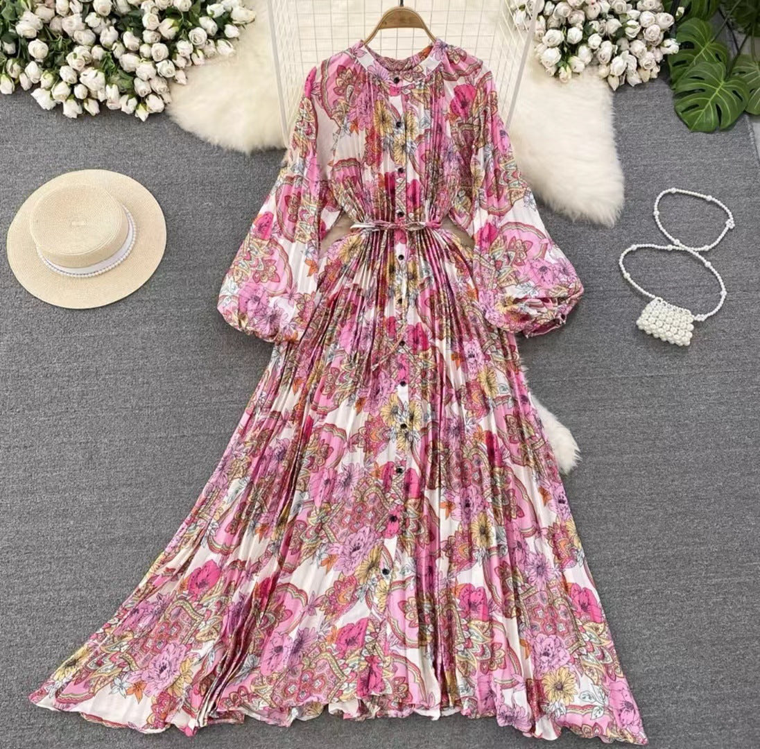 Robe longue imprimée à simple boutonnage, légère et luxueuse, style lanterne