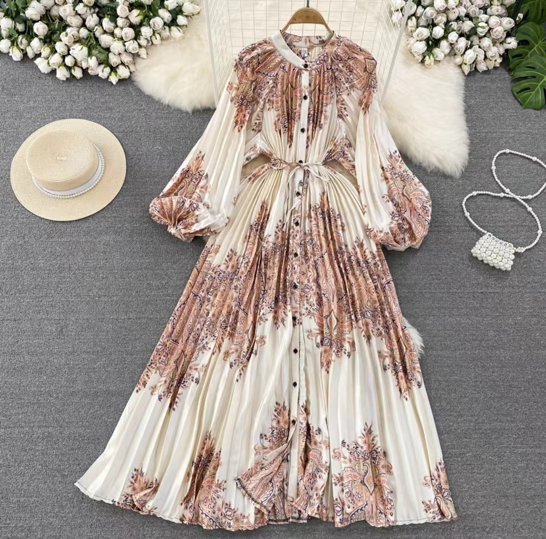 Robe longue imprimée à simple boutonnage, légère et luxueuse, style lanterne