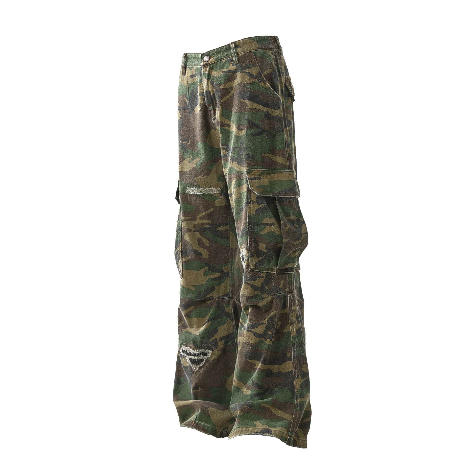 Jeans rétro en lambeaux, pantalons de travail décontractés camouflage personnalisés - Droxev