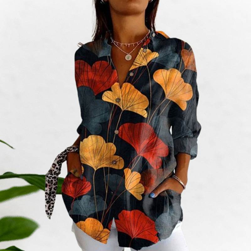 Chemise ample rétro rouge à imprimé feuilles d'abricot pour femme - Droxev