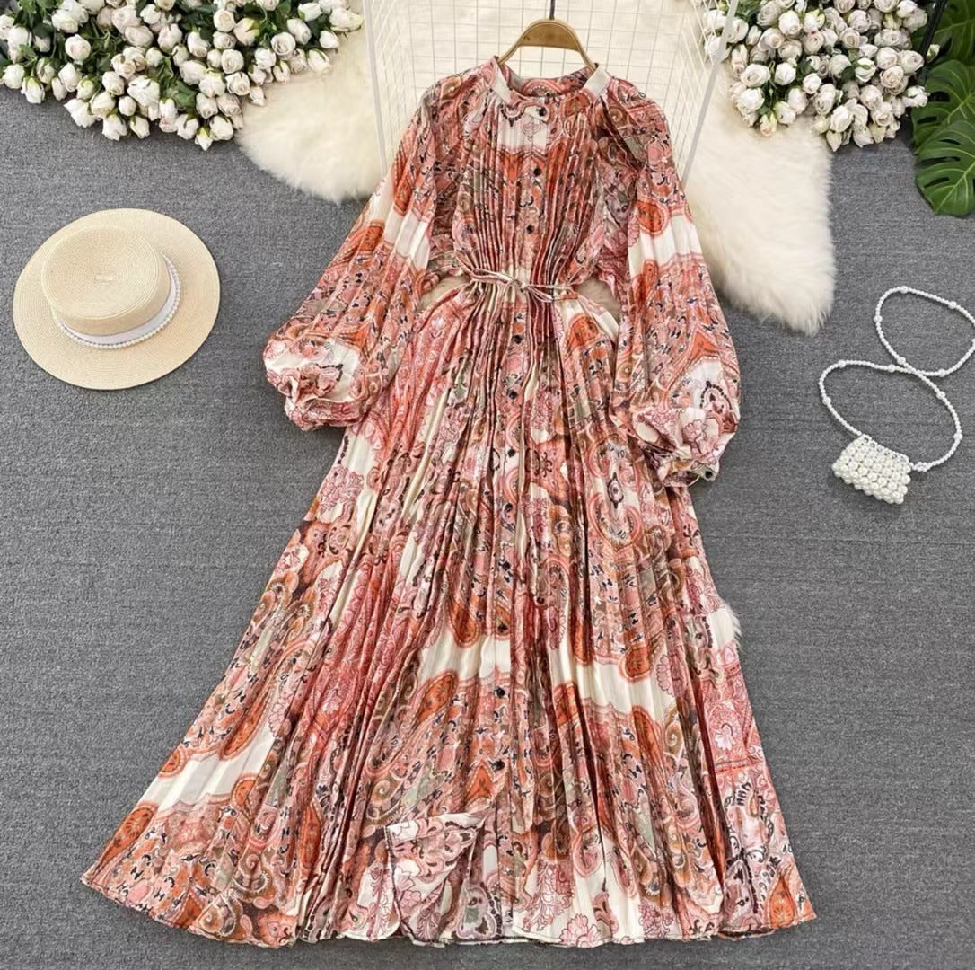 Robe longue imprimée à simple boutonnage, légère et luxueuse, style lanterne