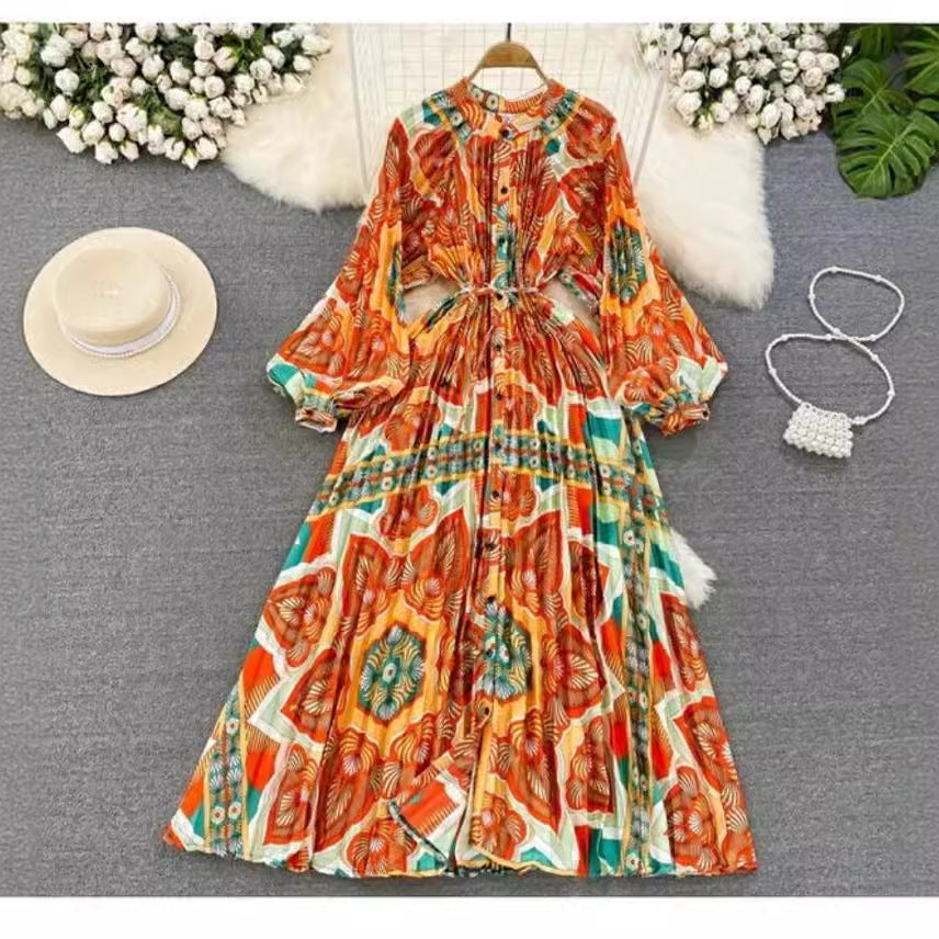 Robe longue imprimée à simple boutonnage, légère et luxueuse, style lanterne