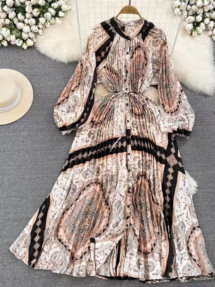 Robe longue imprimée à simple boutonnage, légère et luxueuse, style lanterne