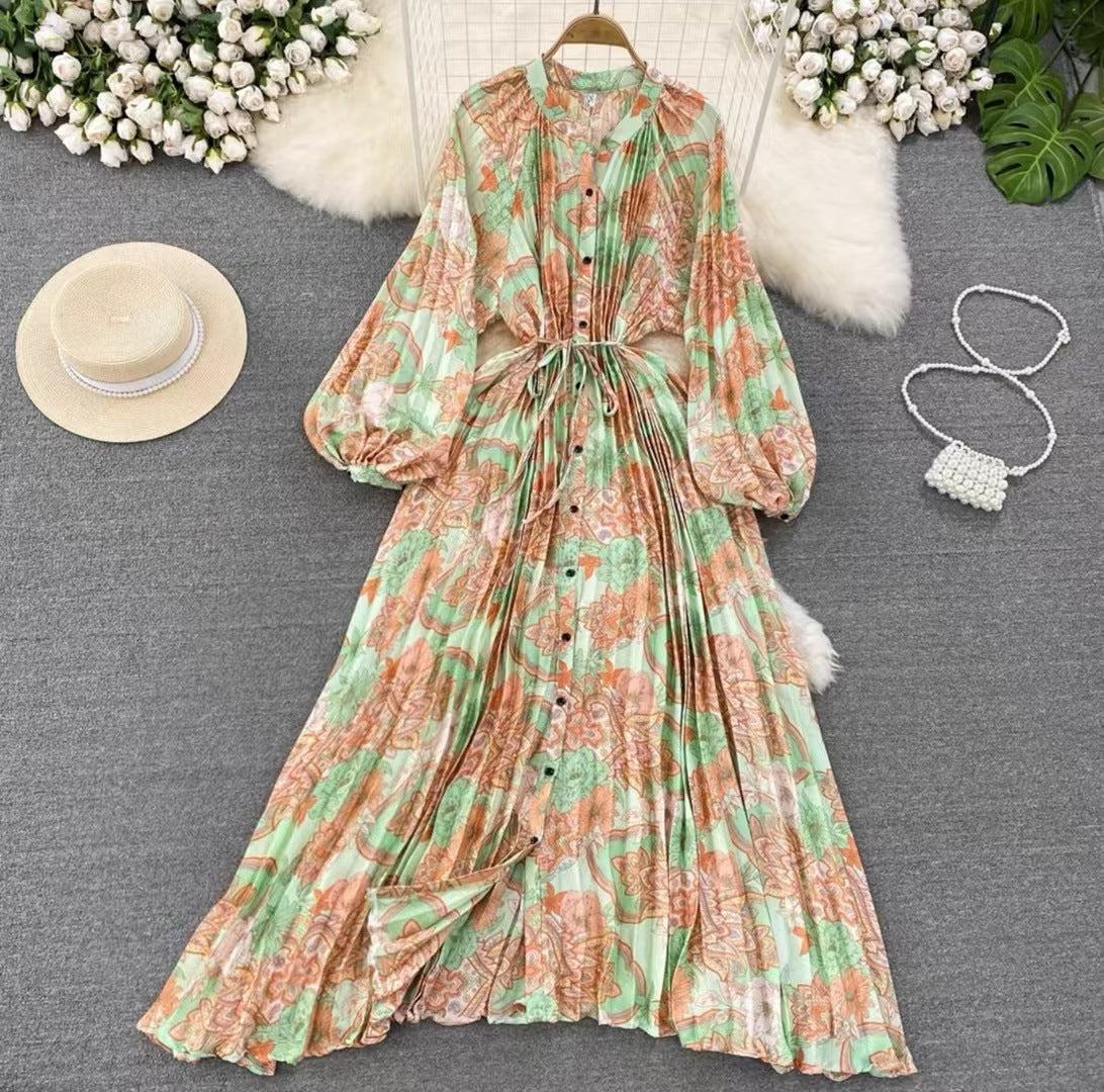 Robe longue imprimée à simple boutonnage, légère et luxueuse, style lanterne