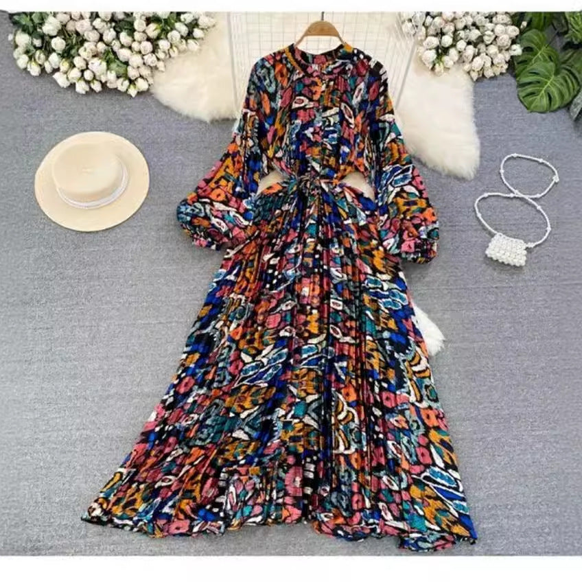 Robe longue imprimée à simple boutonnage, légère et luxueuse, style lanterne