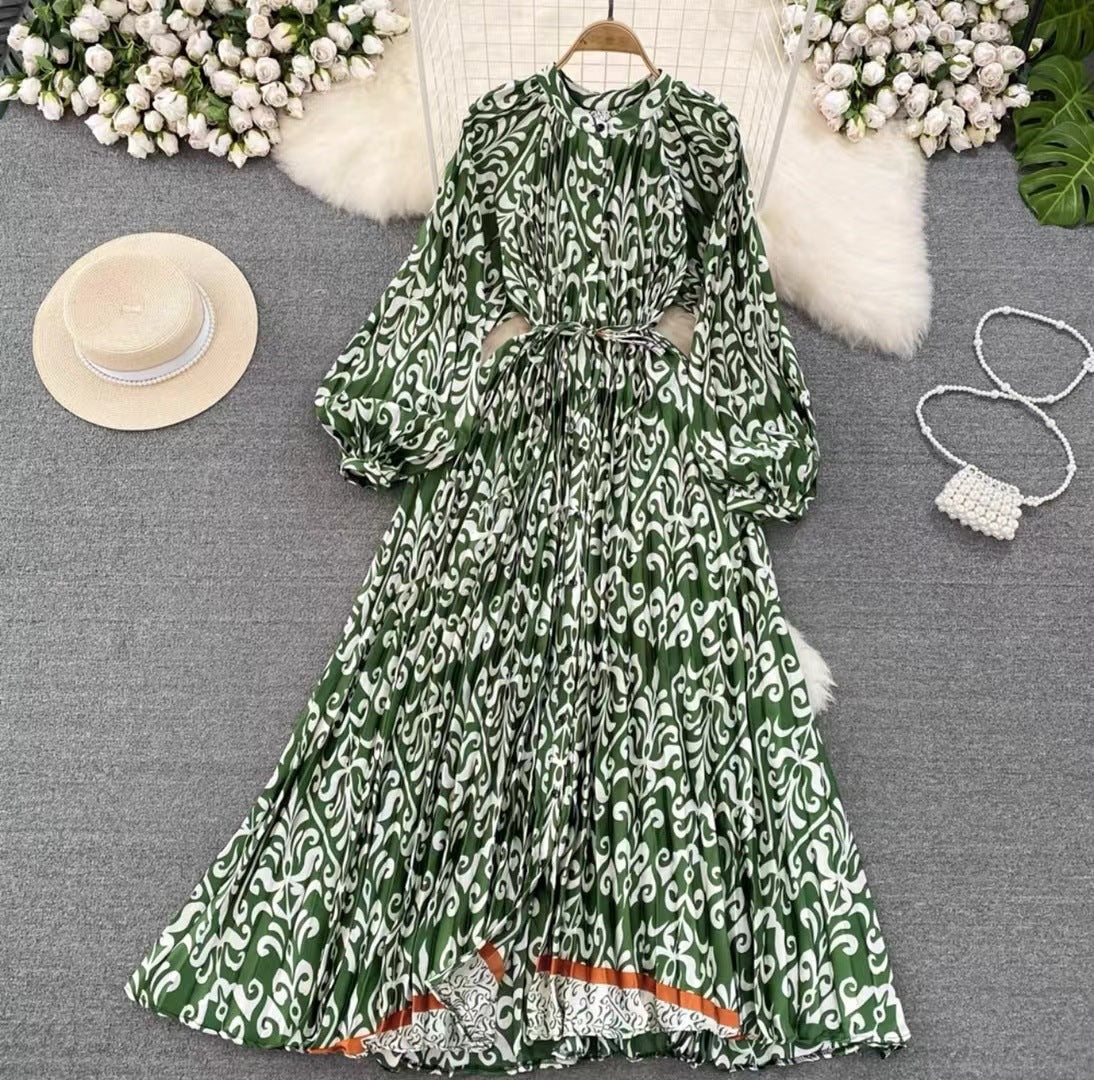 Robe longue imprimée à simple boutonnage, légère et luxueuse, style lanterne