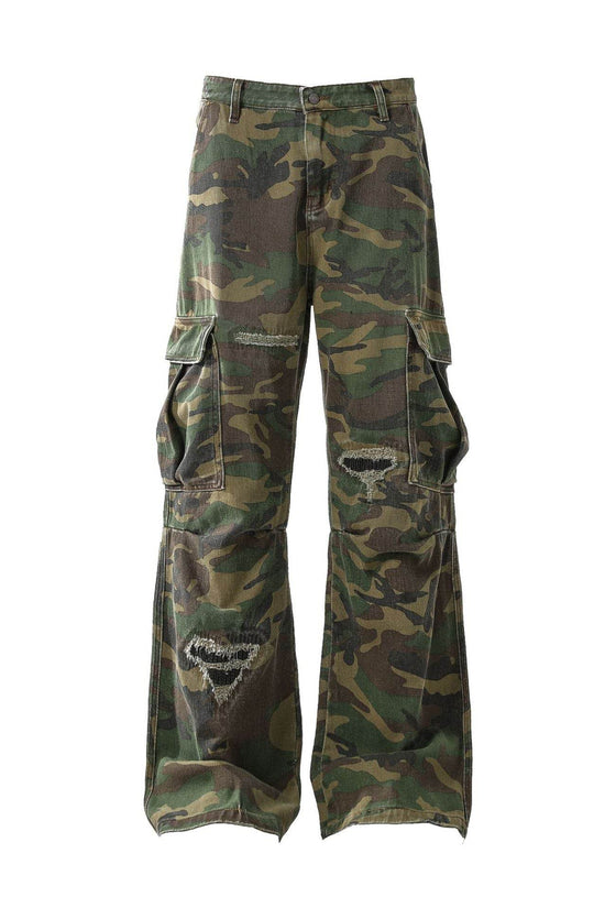 Jeans rétro en lambeaux, pantalons de travail décontractés camouflage personnalisés - Droxev