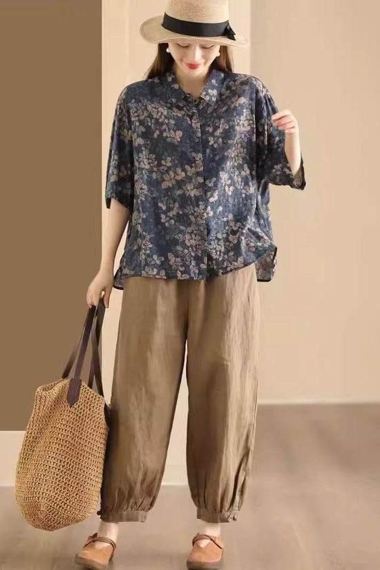 Retro Fried Color Printing Cotton Linen Shirt - Droxev