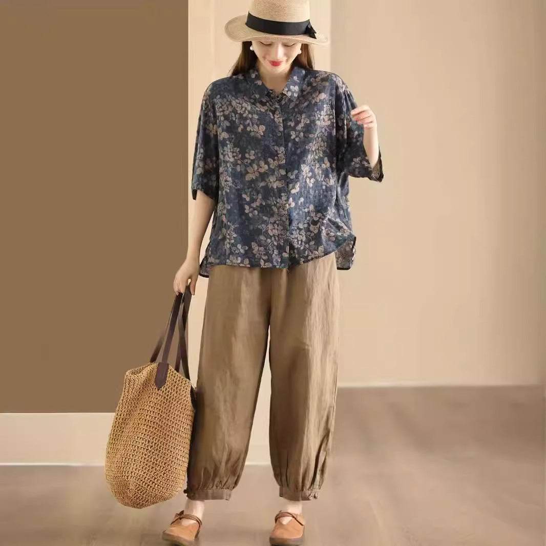 Retro Fried Color Printing Cotton Linen Shirt - Droxev