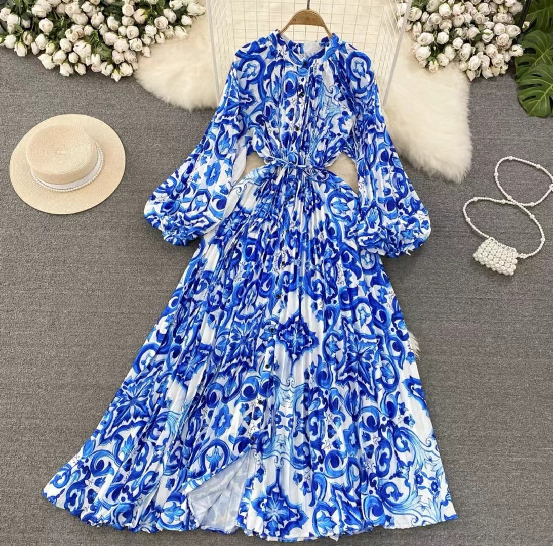 Robe longue imprimée à simple boutonnage, légère et luxueuse, style lanterne
