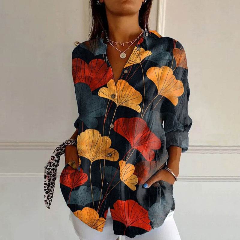 Chemise ample rétro rouge à imprimé feuilles d'abricot pour femme - Droxev