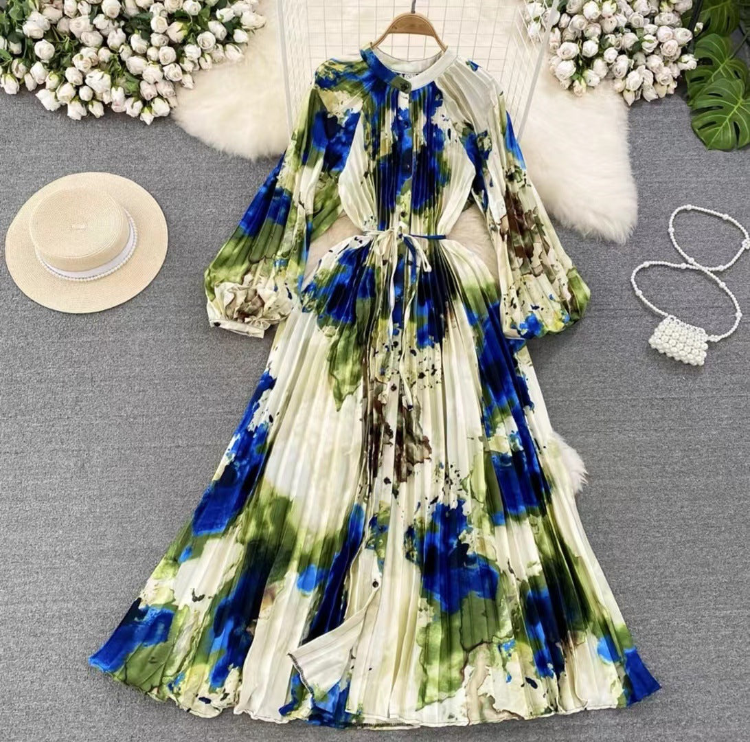 Robe longue imprimée à simple boutonnage, légère et luxueuse, style lanterne
