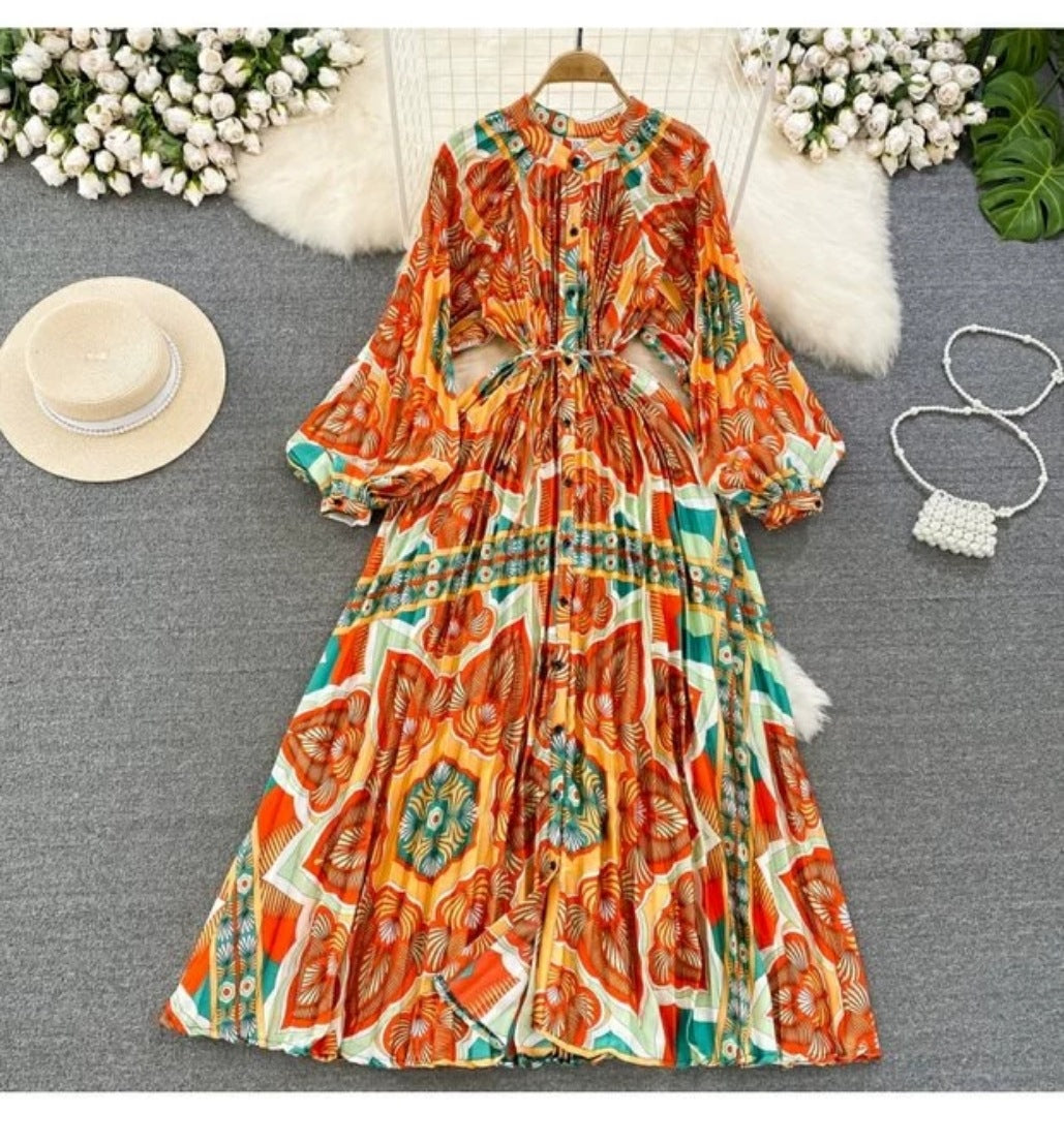 Robe longue imprimée à simple boutonnage, légère et luxueuse, style lanterne