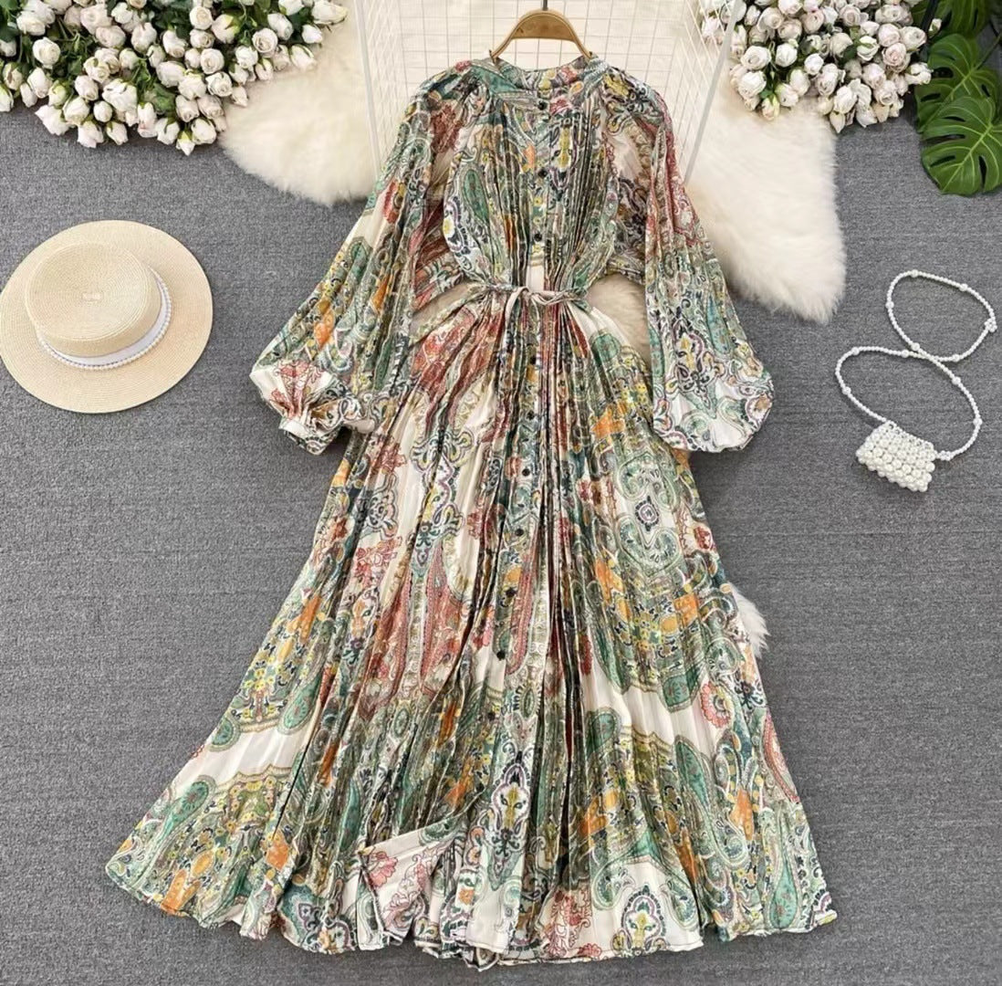 Robe longue imprimée à simple boutonnage, légère et luxueuse, style lanterne