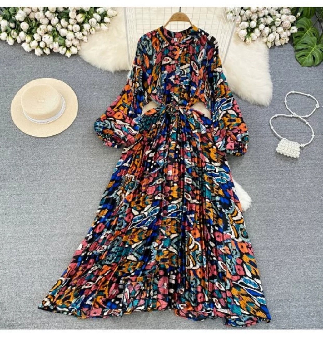 Robe longue imprimée à simple boutonnage, légère et luxueuse, style lanterne