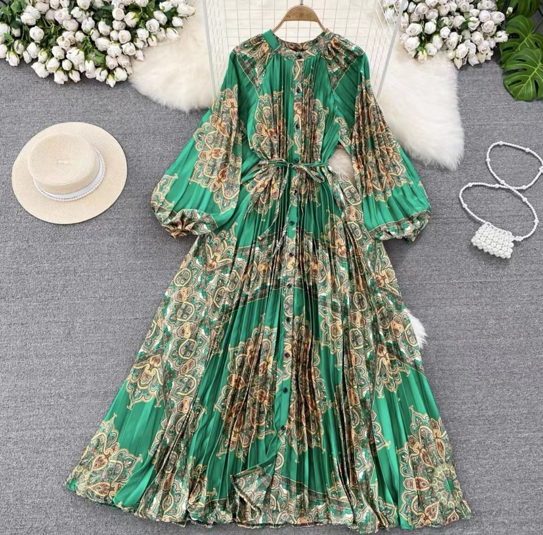 Robe longue imprimée à simple boutonnage, légère et luxueuse, style lanterne