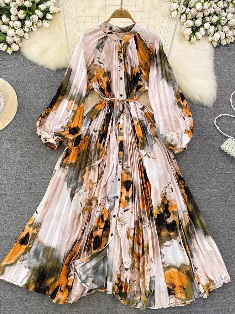 Robe longue imprimée à simple boutonnage, légère et luxueuse, style lanterne