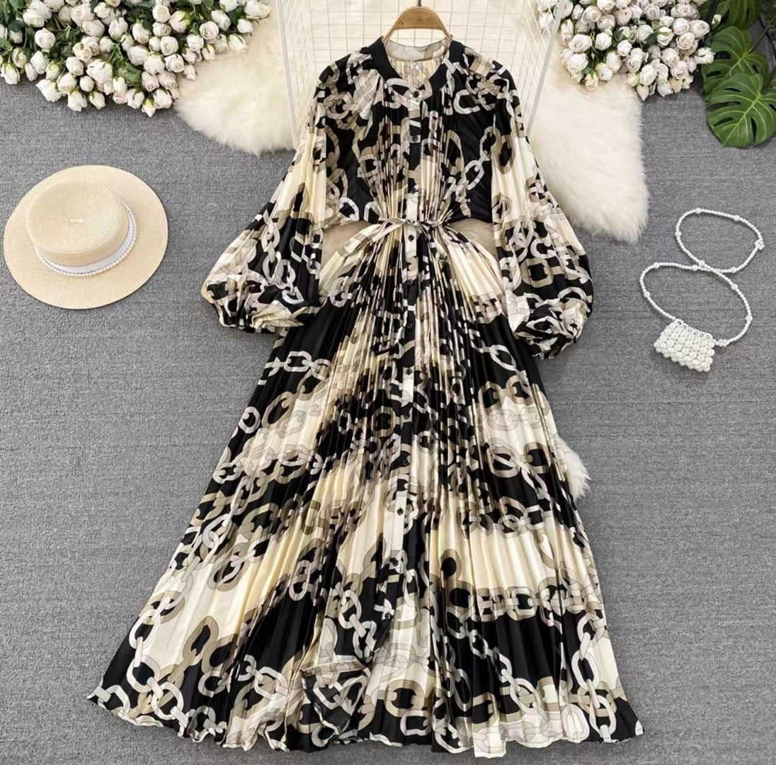 Robe longue imprimée à simple boutonnage, légère et luxueuse, style lanterne