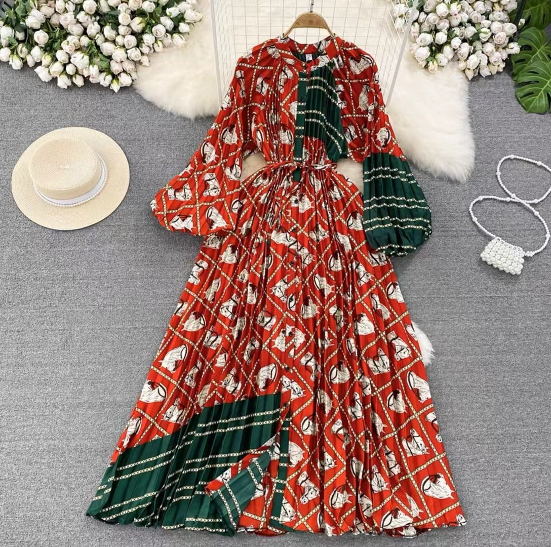 Robe longue imprimée à simple boutonnage, légère et luxueuse, style lanterne