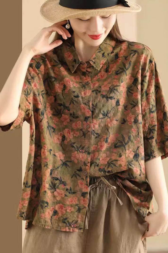 Retro Fried Color Printing Cotton Linen Shirt - Droxev