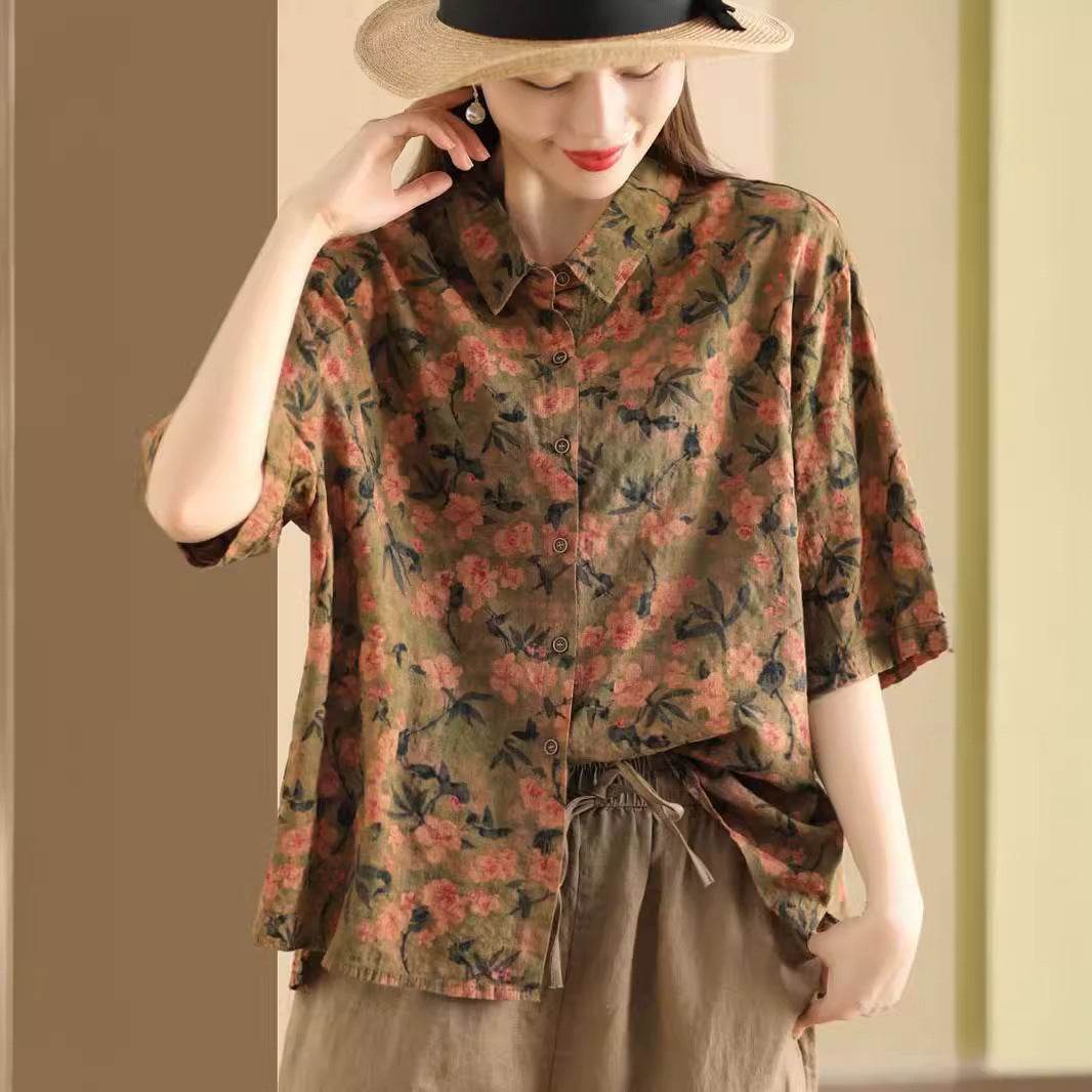 Retro Fried Color Printing Cotton Linen Shirt - Droxev