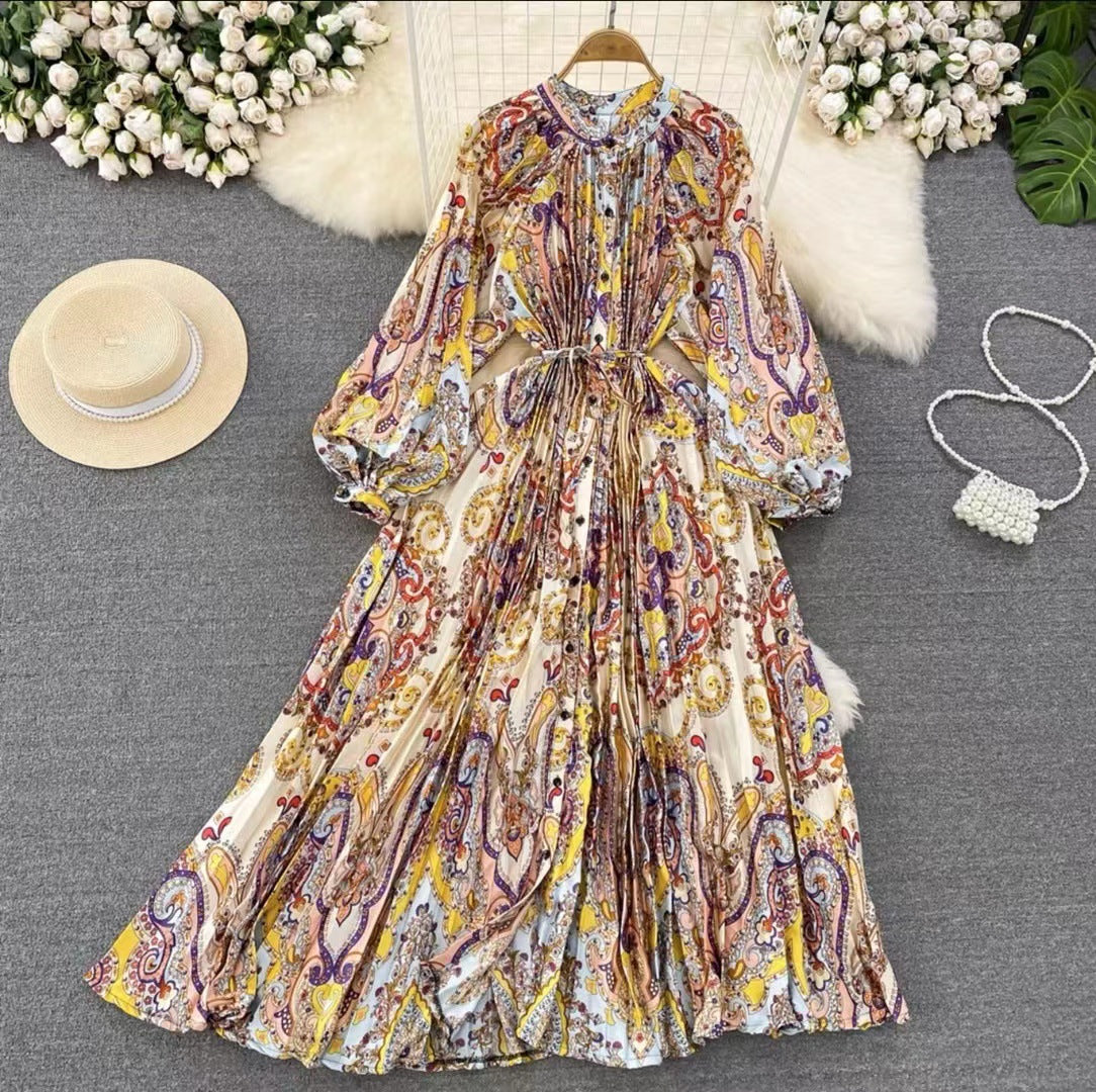 Robe longue imprimée à simple boutonnage, légère et luxueuse, style lanterne
