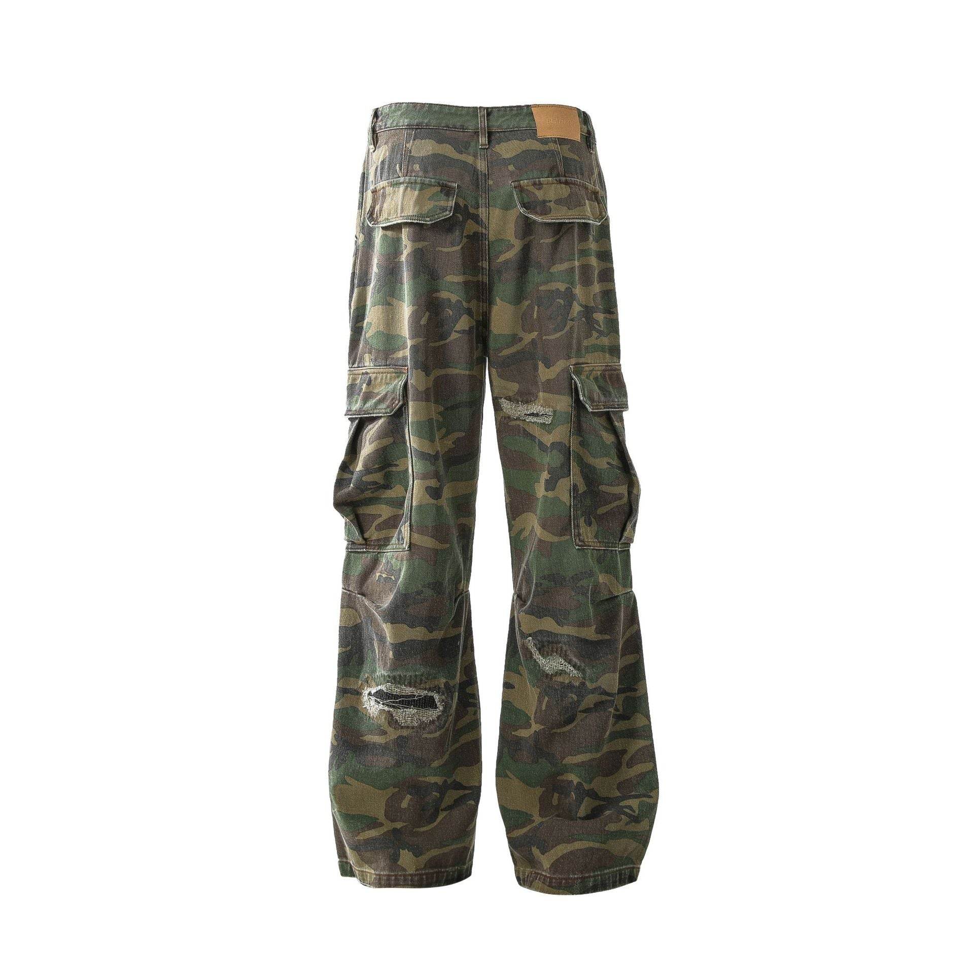 Jeans rétro en lambeaux, pantalons de travail décontractés camouflage personnalisés - Droxev