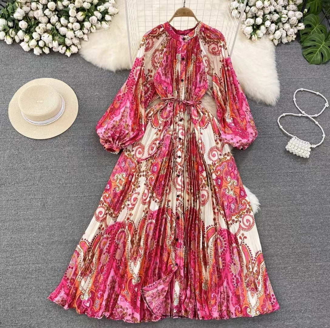 Robe longue imprimée à simple boutonnage, légère et luxueuse, style lanterne