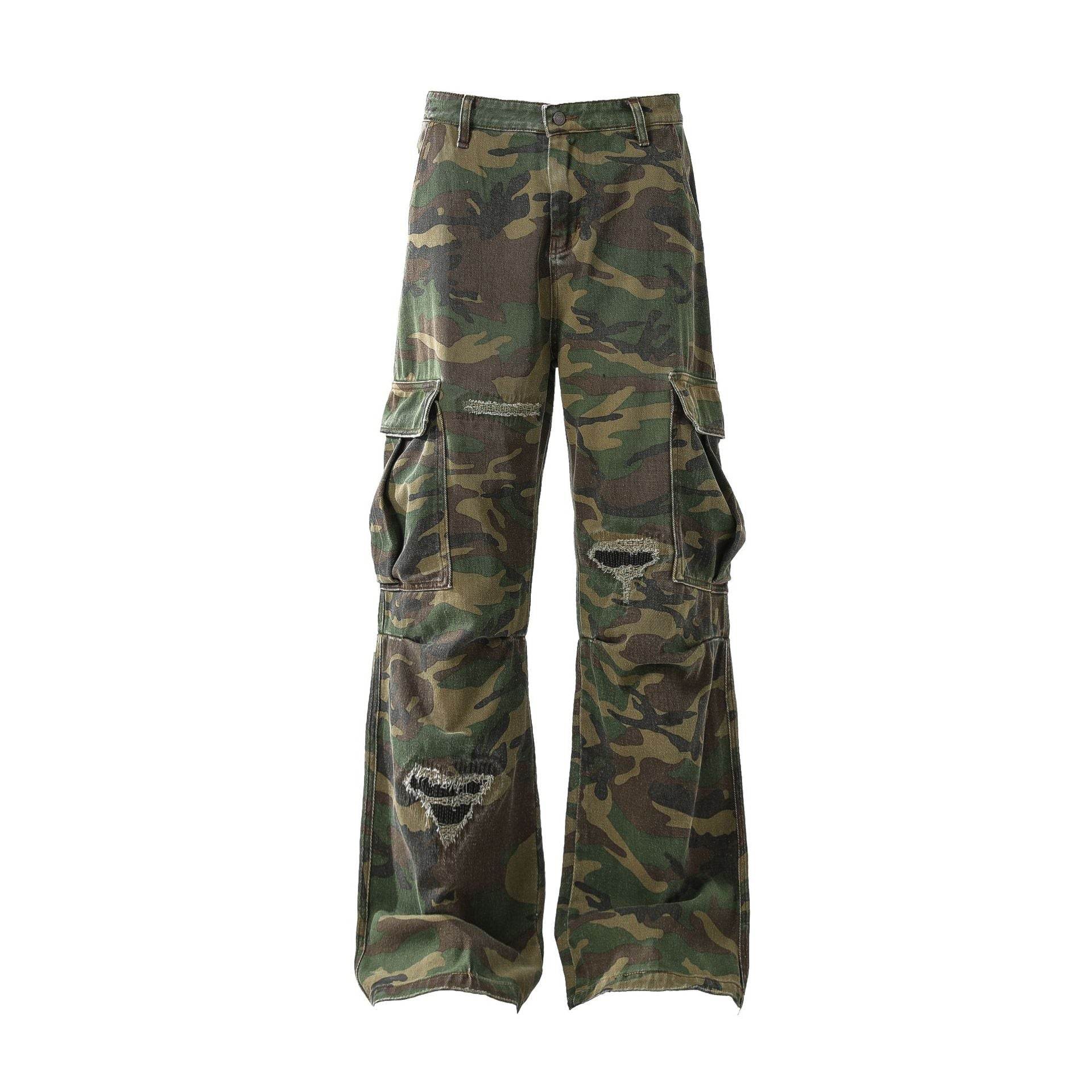 Jeans rétro en lambeaux, pantalons de travail décontractés camouflage personnalisés - Droxev