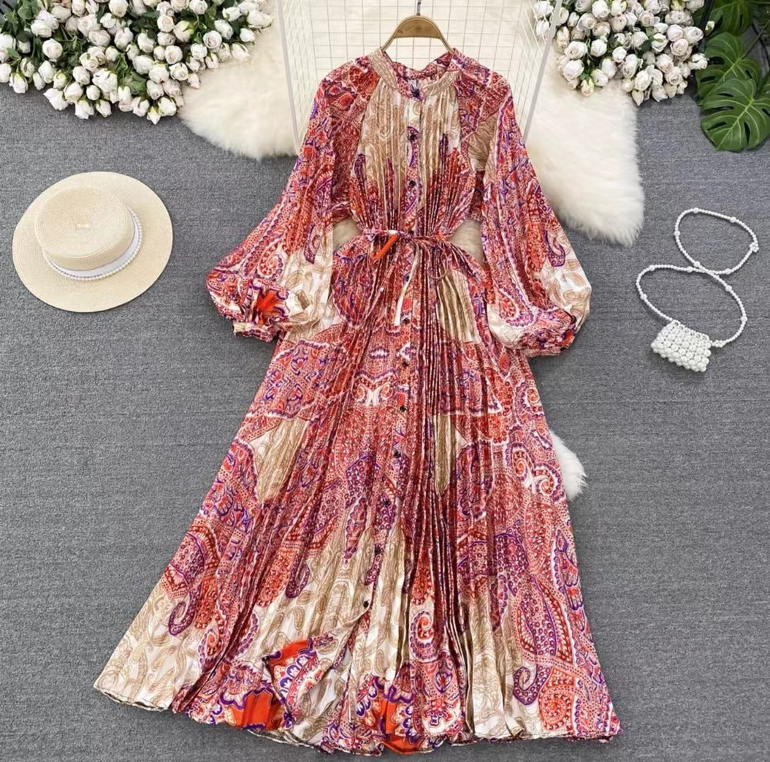 Robe longue imprimée à simple boutonnage, légère et luxueuse, style lanterne