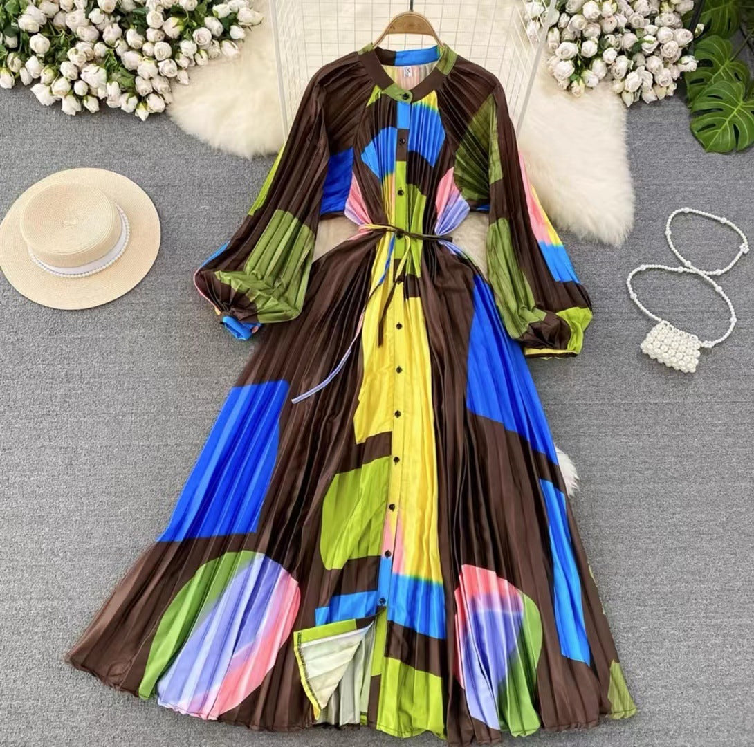 Robe longue imprimée à simple boutonnage, légère et luxueuse, style lanterne