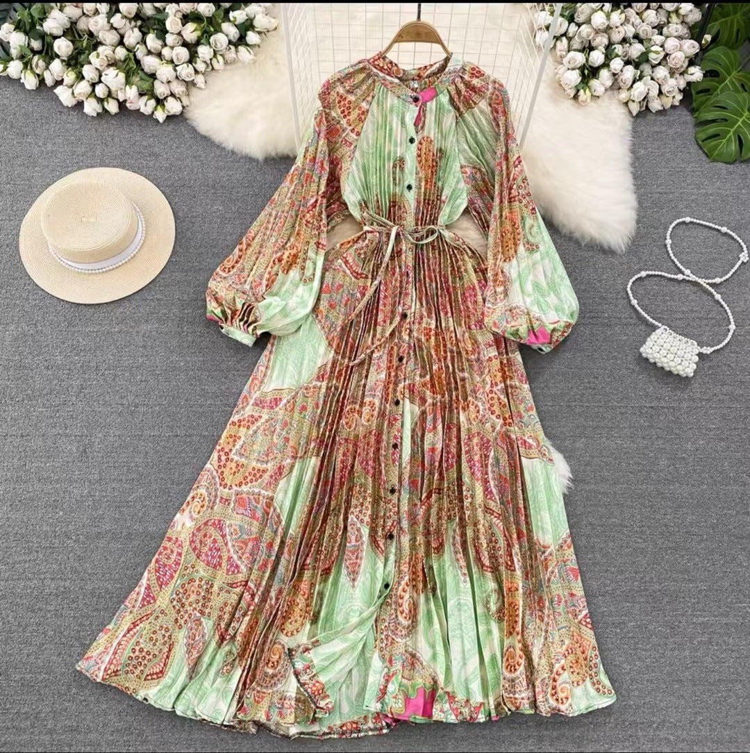 Robe longue imprimée à simple boutonnage, légère et luxueuse, style lanterne