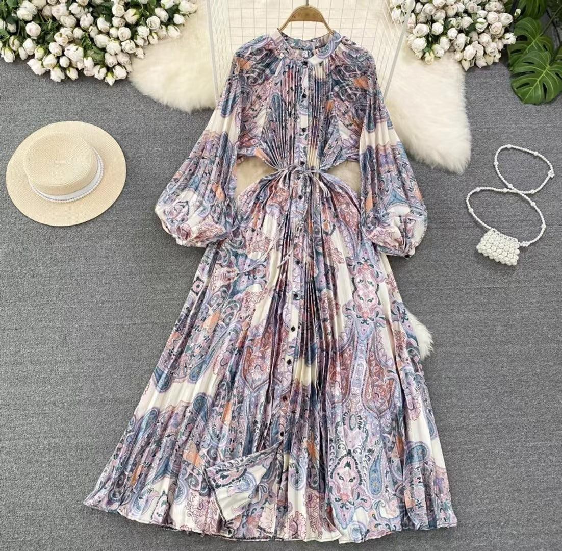 Robe longue imprimée à simple boutonnage, légère et luxueuse, style lanterne