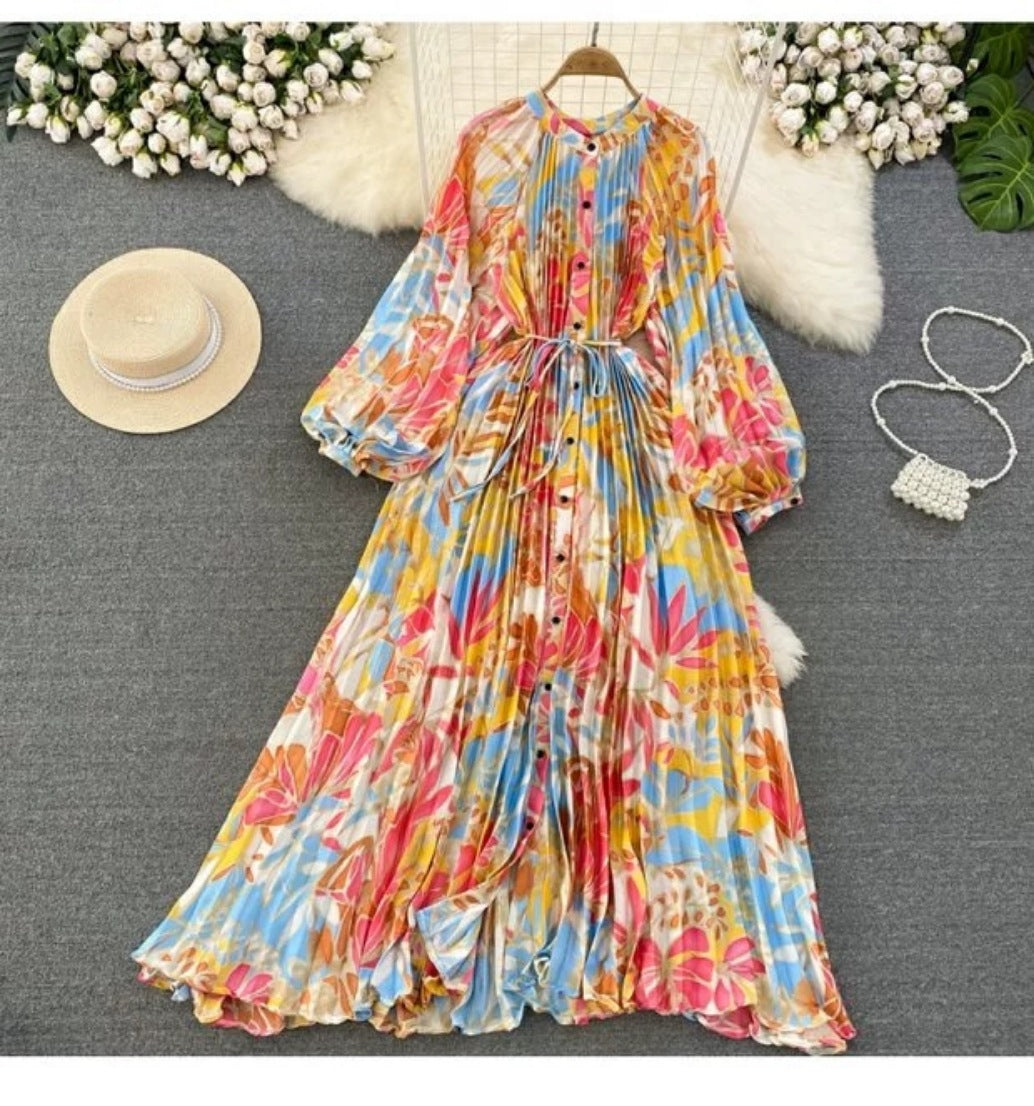 Robe longue imprimée à simple boutonnage, légère et luxueuse, style lanterne