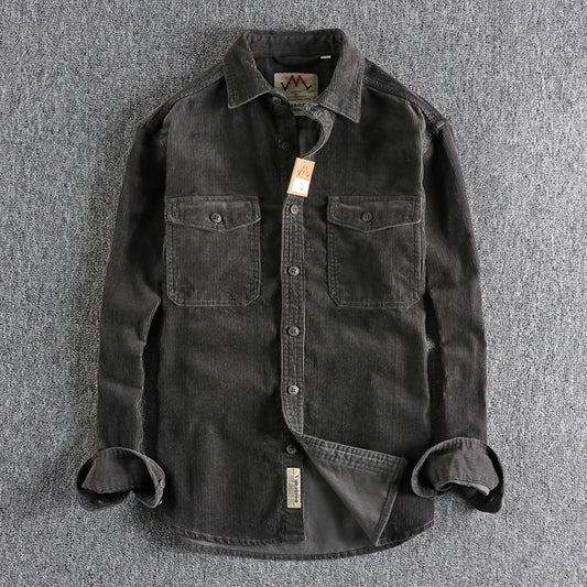 Chemise à manches longues en velours côtelé lavé rétro pour homme