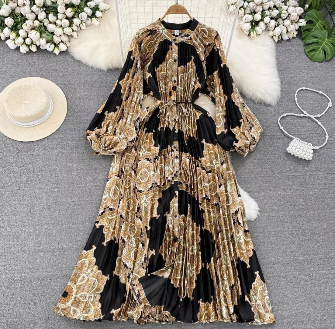 Robe longue imprimée à simple boutonnage, légère et luxueuse, style lanterne