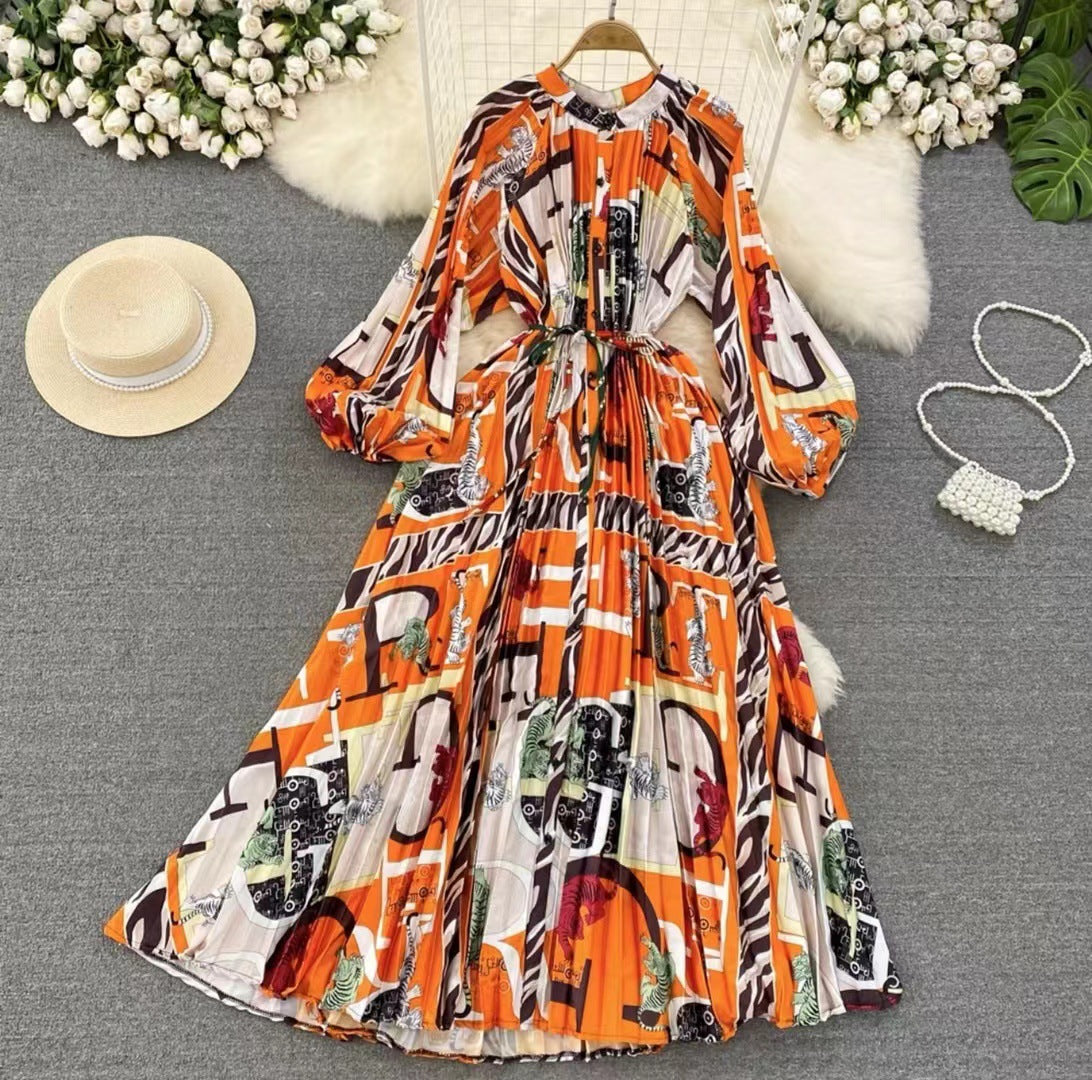 Robe longue imprimée à simple boutonnage, légère et luxueuse, style lanterne