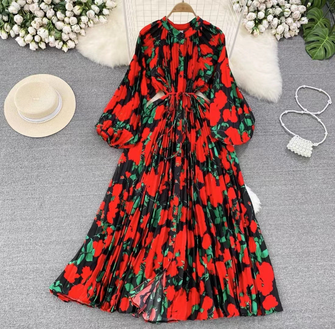 Robe longue imprimée à simple boutonnage, légère et luxueuse, style lanterne