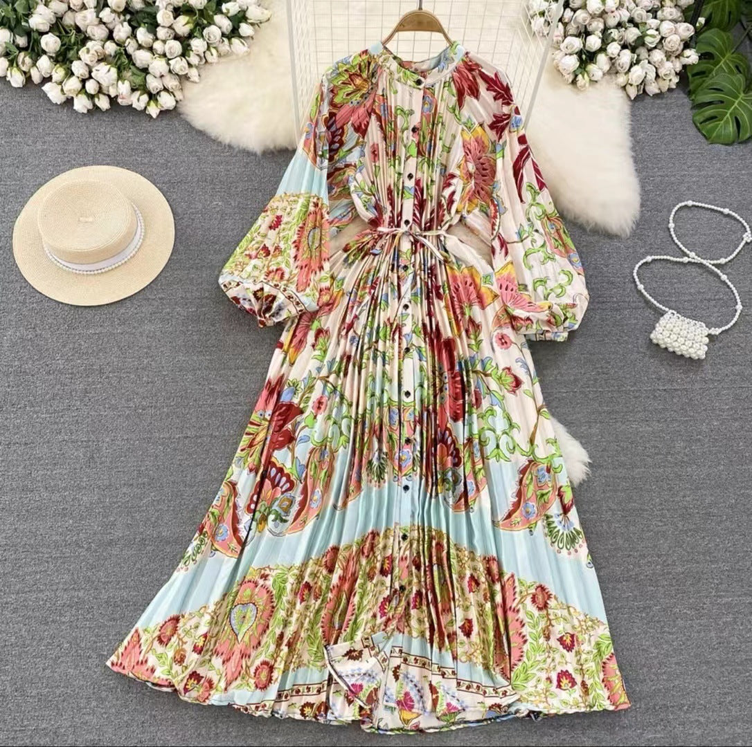 Robe longue imprimée à simple boutonnage, légère et luxueuse, style lanterne